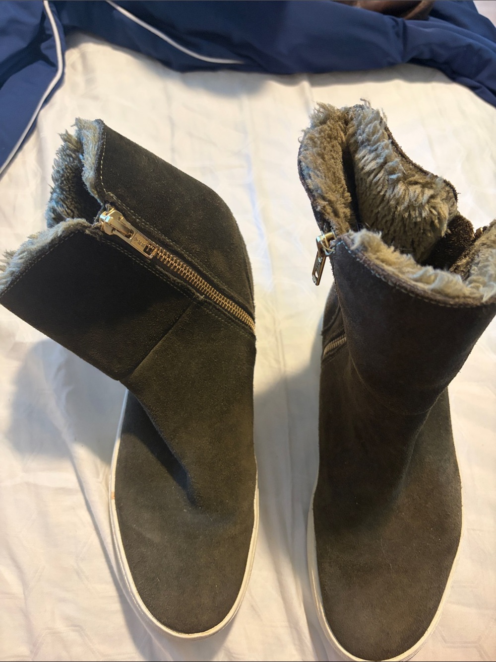 J Slides Olive Suede Fur-Lined Wedge Ankle Boots
